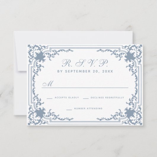  stoffig blauw script elegante witte bruiloft RSVP kaartje (Voorkant)