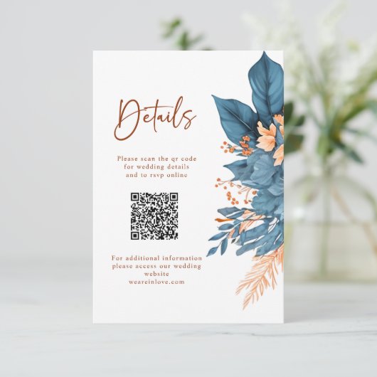 Stoffig Blauw Sinaasappel Floral Elegant Trouwdeta Informatiekaartje (Staand voorkant)