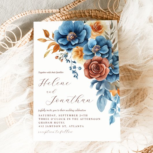 Stoffig Blauw Sinaasappel Terracotta Elegant Huwel Kaart