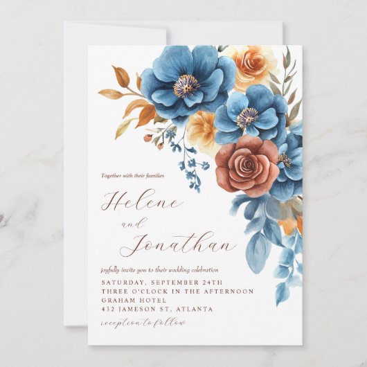 Stoffig Blauw Sinaasappel Terracotta Elegant Huwel Kaart (Voorkant)