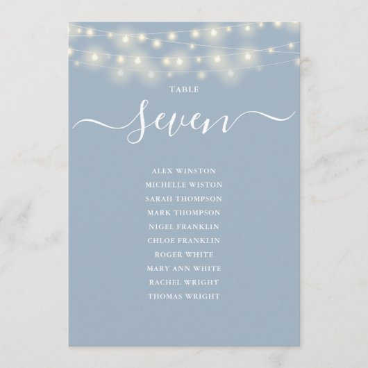 Stoffig Blauw String Licht Tafelnummer Zitkaart (Voorkant)