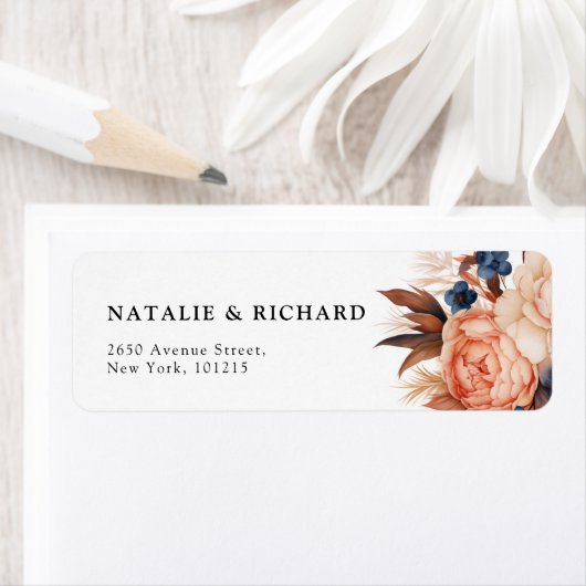 Stoffig blauw & Terracotta bloemenbruiloft waterve Etiket (Insitu)