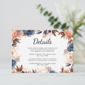 Stoffig blauw & Terracotta bloemenbruiloft waterve Informatiekaartje (Staand voorkant)
