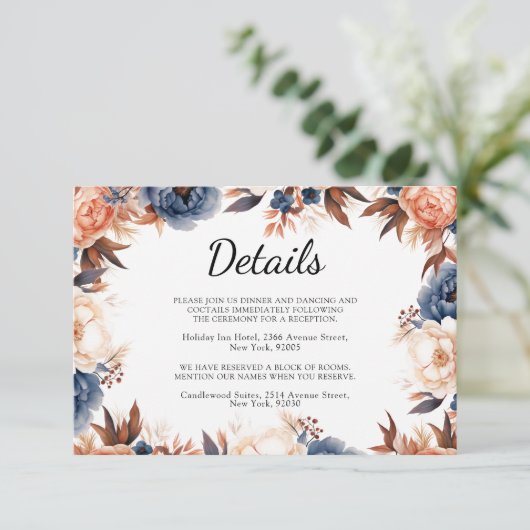 Stoffig blauw & Terracotta bloemenbruiloft waterve Informatiekaartje (Staand voorkant)