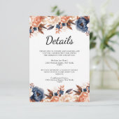 Stoffig blauw & Terracotta bloemenbruiloft waterve Informatiekaartje (Staand voorkant)