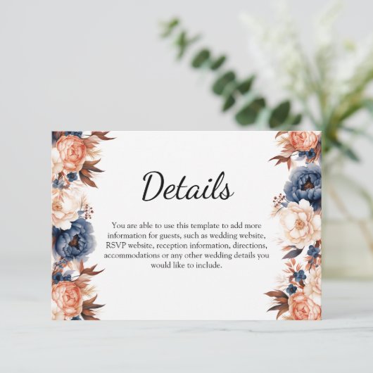 Stoffig blauw & Terracotta bloemenbruiloft waterve Informatiekaartje (Staand voorkant)