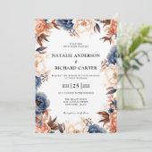 Stoffig blauw & Terracotta bloemenbruiloft waterve Kaart (Staand voorkant)