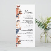 Stoffig blauw & Terracotta bloemenbruiloft waterve Menu (Staand voorkant)