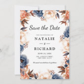 Stoffig blauw & Terracotta bloemenbruiloft waterve Save The Date (Voorkant)