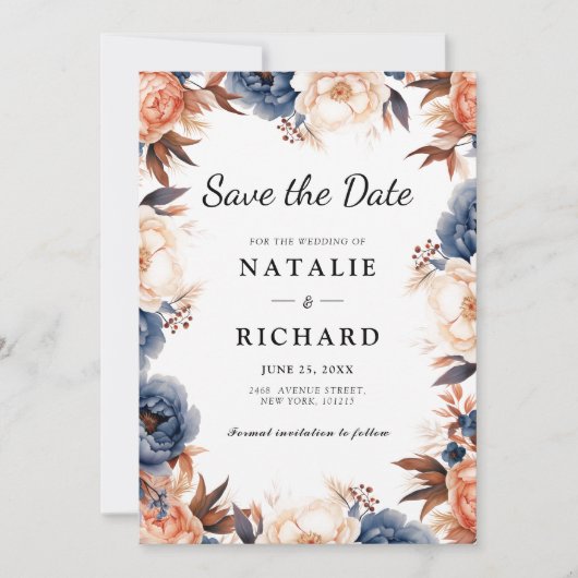 Stoffig blauw & Terracotta bloemenbruiloft waterve Save The Date (Voorkant)