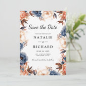 Stoffig blauw & Terracotta bloemenbruiloft waterve Save The Date (Staand voorkant)