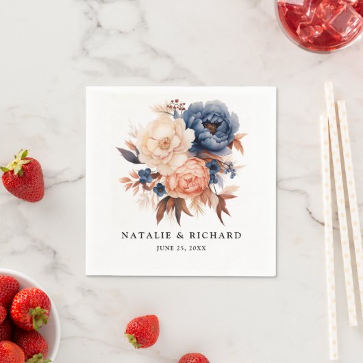 Stoffig blauw & Terracotta bloemenbruiloft waterve Servet (Insitu)