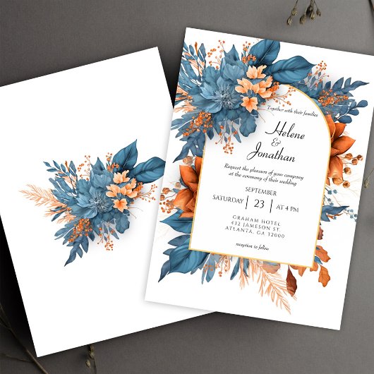 Stoffig Blauw Terracotta Boho Floral Elegant Huwel Kaart