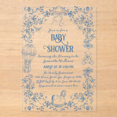 Stoffig Blauw Toile Bloemen Bow Baby Boy Douche Acryl Uitnodigingen (Voorkant)