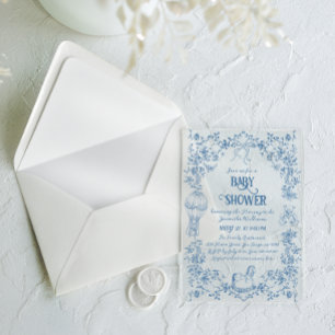 Stoffig Blauw Toile Bloemen Bow Baby Boy Douche Acryl Uitnodigingen