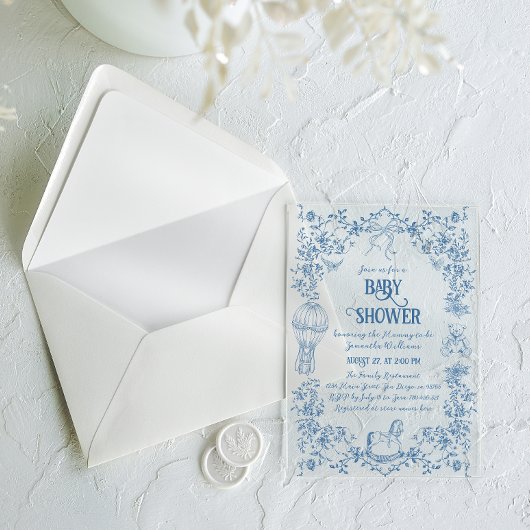 Stoffig Blauw Toile Bloemen Bow Baby Boy Douche Acryl Uitnodigingen