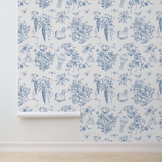 Stoffig Blauw Toile Bloemen Teddybeer Elegant Clas Behang (Applicatie)