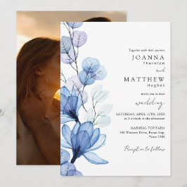 Stoffig Blauw Transparant Bloemen Foto Bruiloft Kaart