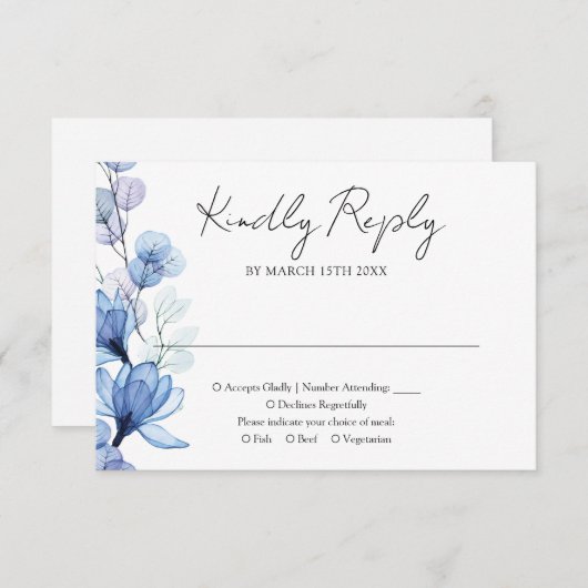 Stoffig Blauw Transparant Bloemen Monogram Bruilof RSVP Kaartje (Voorkant / Achterkant)