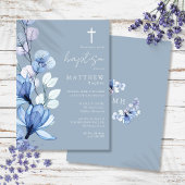 Stoffig Blauw Transparant Bloemen Monogram Doop Kaart