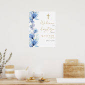 Stoffig Blauw Transparante Bloemdoop Welkomstbord Poster (Keuken)