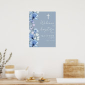 Stoffig Blauw Transparante Bloemdoop Welkomstbord Poster (Keuken)