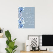 Stoffig Blauw Transparante Bloemdoop Welkomstbord Poster (Thuiskantoor)
