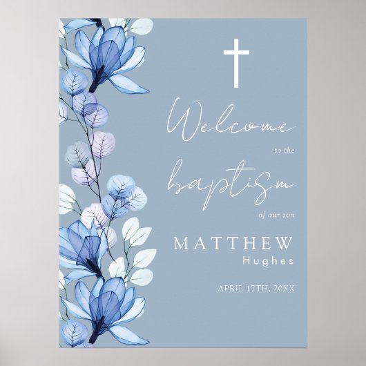 Stoffig Blauw Transparante Bloemdoop Welkomstbord Poster (Voorkant)