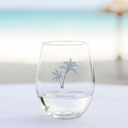 Stoffig Blauw Tropische Palm Trees Strand Bruiloft Wijnglas Zonder Voet