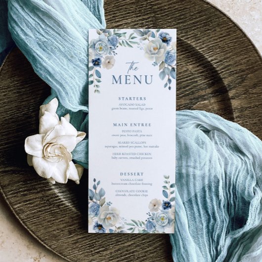 Stoffig Blauw Trouwmenu Bloemen Trouwdiner Menu