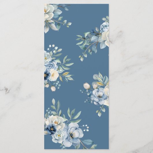 Stoffig Blauw Trouwmenu Bloemen Trouwdiner Menu (Achterkant)