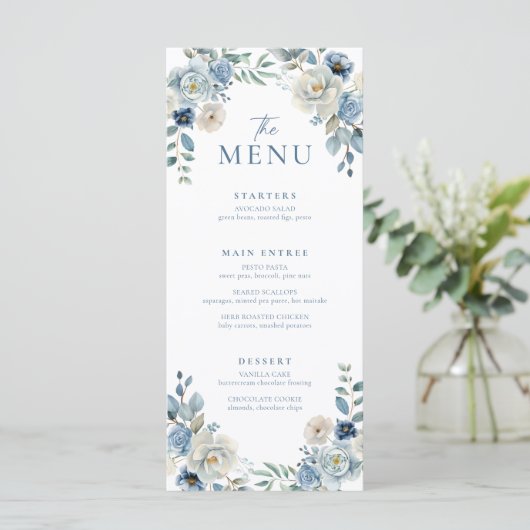 Stoffig Blauw Trouwmenu Bloemen Trouwdiner Menu (Staand voorkant)