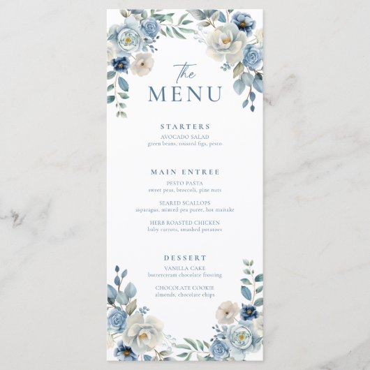 Stoffig Blauw Trouwmenu Bloemen Trouwdiner Menu (Voorkant)