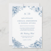  Stoffig Blauw Tuin Monogram Bruiloft Kaart (Voorkant)