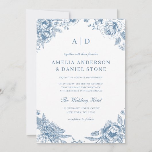  Stoffig Blauw Tuin Monogram Bruiloft Kaart (Voorkant)