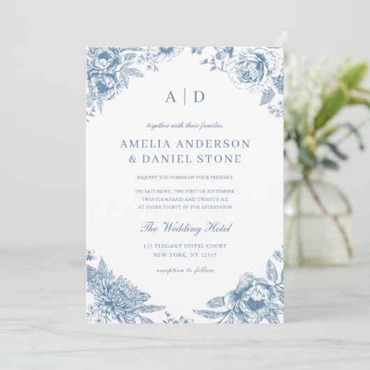  Stoffig Blauw Tuin Monogram Bruiloft Kaart (Staand voorkant)