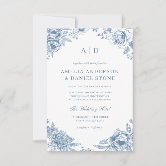  Stoffig Blauw Tuin Monogram Bruiloft Kaart (Voorkant)