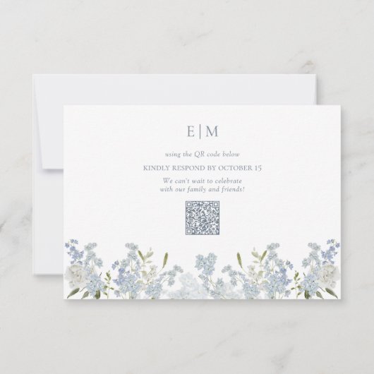  Stoffig Blauw Tuin QR Code Monogram Bruiloft RSVP Kaartje (Achterkant)