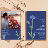 Stoffig blauw Vet Bloemen stijlvol Qr code bruilof Kaart