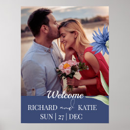 Stoffig Blauw Vet Bloemen Stijlvolle QR Code Bruil Poster