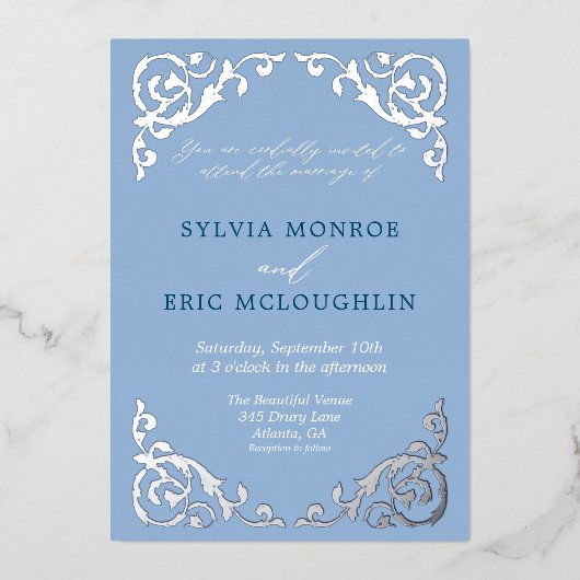 Stoffig Blauw Victoriaans Formele Bruiloft Folie Uitnodiging (Voorkant)