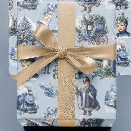 Stoffig blauw Victoriaans kerstinpakpapier Cadeaupapier