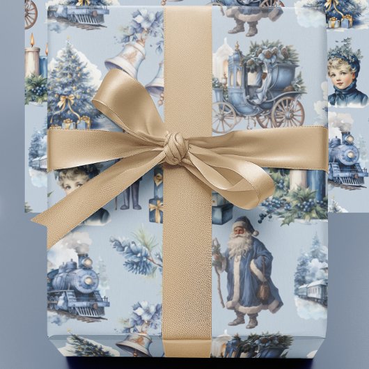 Stoffig blauw Victoriaans kerstinpakpapier Cadeaupapier