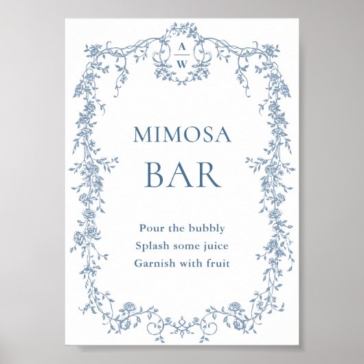 Stoffig Blauw Victoriaans Mimosa Bar Trouwbord Poster (Voorkant)