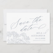 Stoffig Blauw Victoriaans Modern Bruiloft Save The Date (Voorkant)