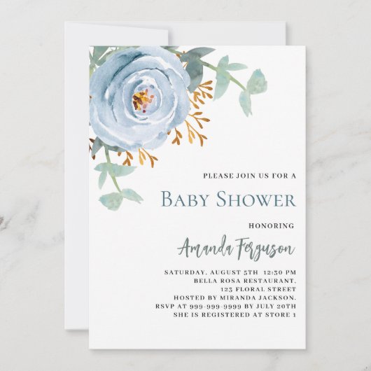 Stoffig blauw waterkleurig bloemig baby shower kaart (Voorkant)