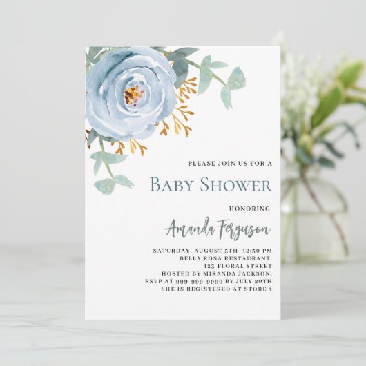 Stoffig blauw waterkleurig bloemig baby shower kaart (Staand voorkant)