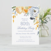 Stoffig Blauw Waterverf Bloemen 80ste Verjaardagsf Kaart (Staand voorkant)