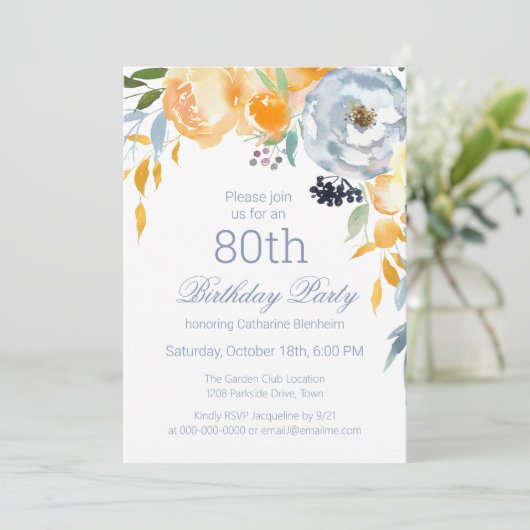 Stoffig Blauw Waterverf Bloemen 80ste Verjaardagsf Kaart (Staand voorkant)