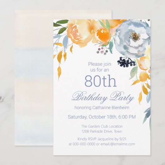 Stoffig Blauw Waterverf Bloemen 80ste Verjaardagsf Kaart (Voorkant / Achterkant)